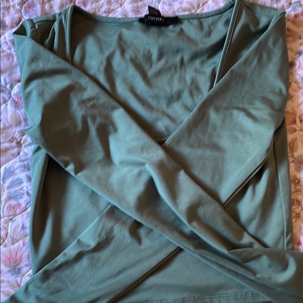Forever 21 Asymmetrical Wrap Green Blouse Long Sleeve
